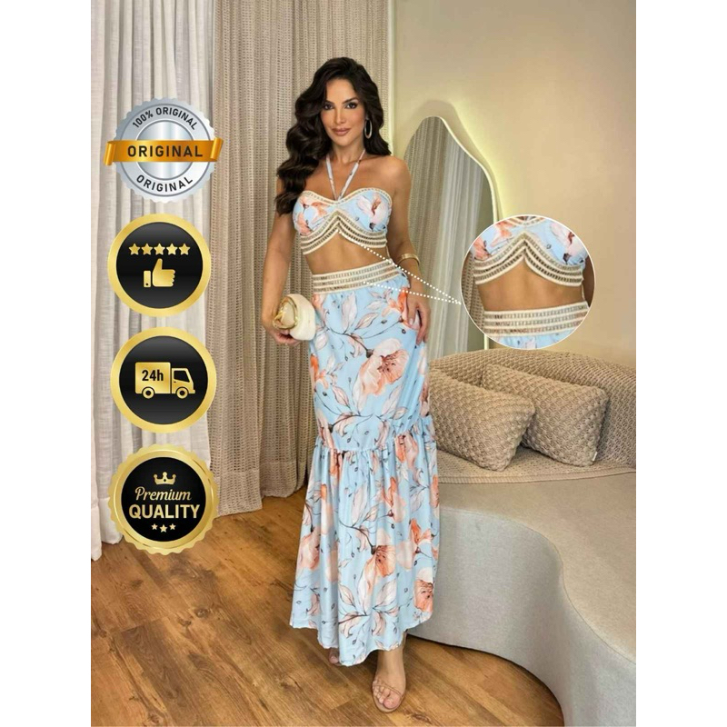 Conjunto Feminino Cropped e Saia Longa Floral 3D Estampa Exclusiva Verão 2026