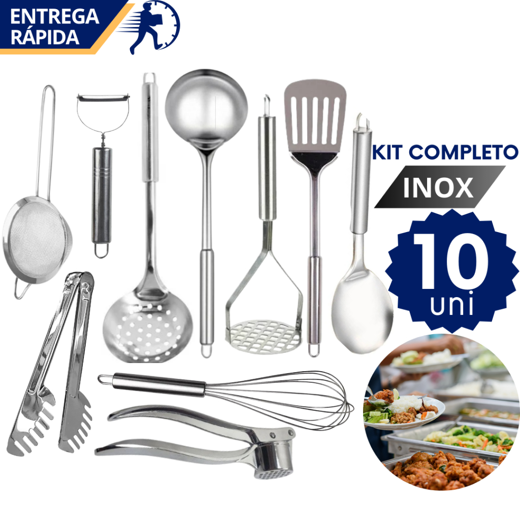 Jogo de Utensílios de Cozinha Inox 10 Peças Kit Cozinha com Pegador Achadinhos
