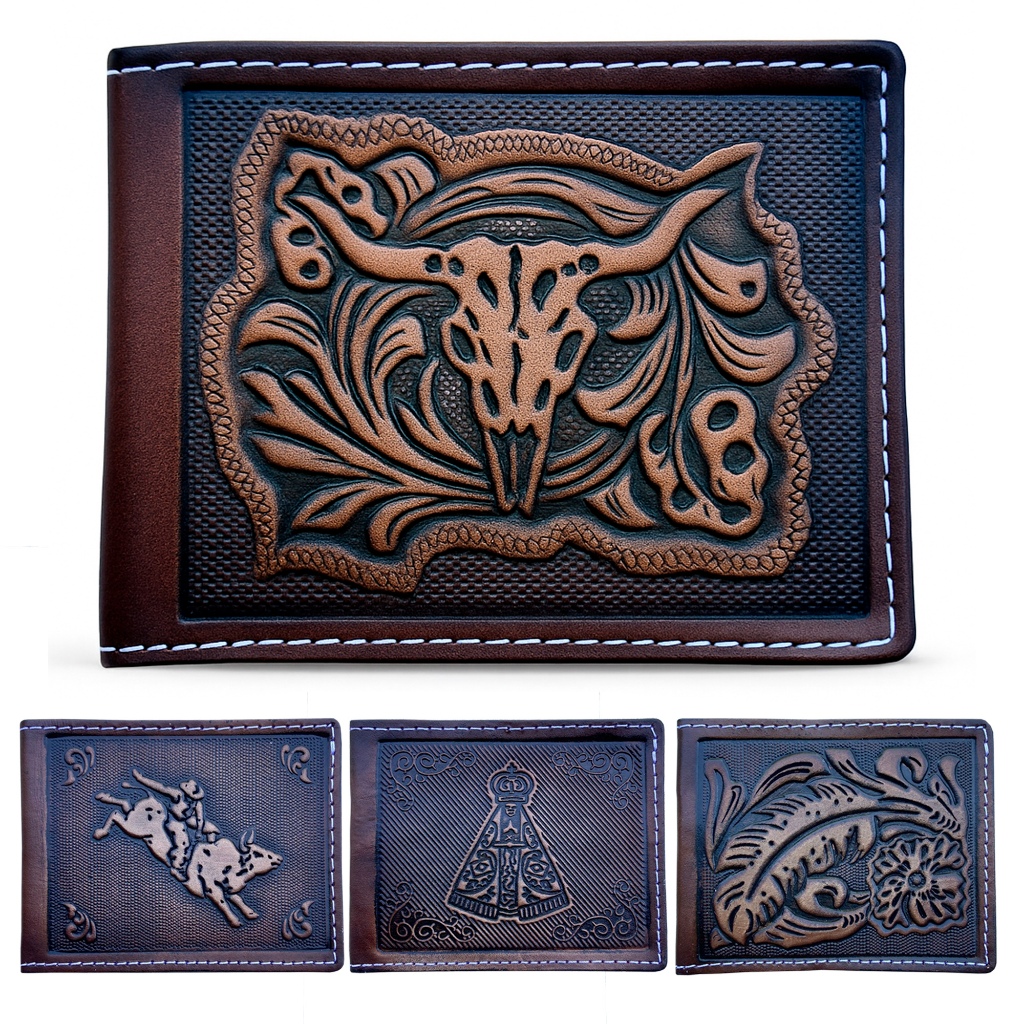 Carteira Country Masculina em Couro Legítimo Western Vários Modelos Cor Café | Barretos