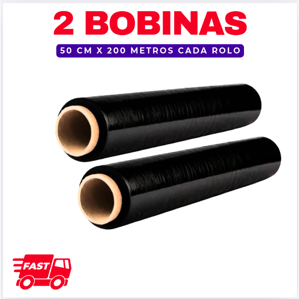 2 Filme Stretch Preto 50cm x 30 micras C/ 200 metros Cada Bobina