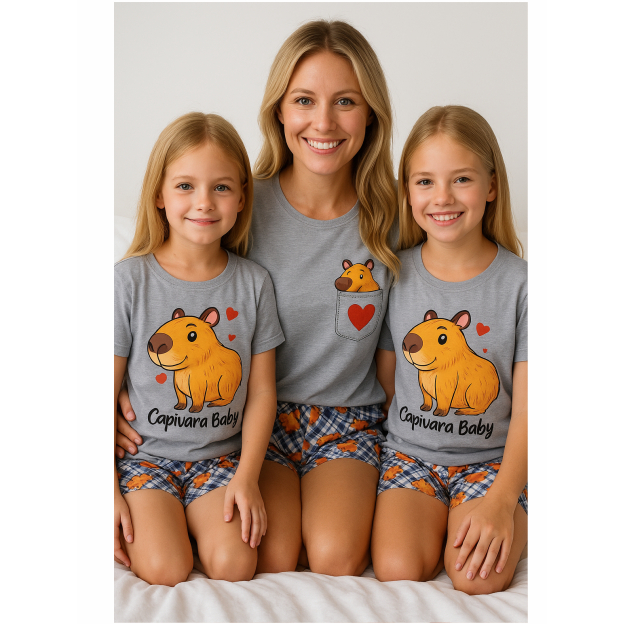 Kit Mãe e Filha C/ 2 Conjuntos de Pijama – 1 Adulto + 1 Infantil com Estampa de Capivara Verão Meia Estação