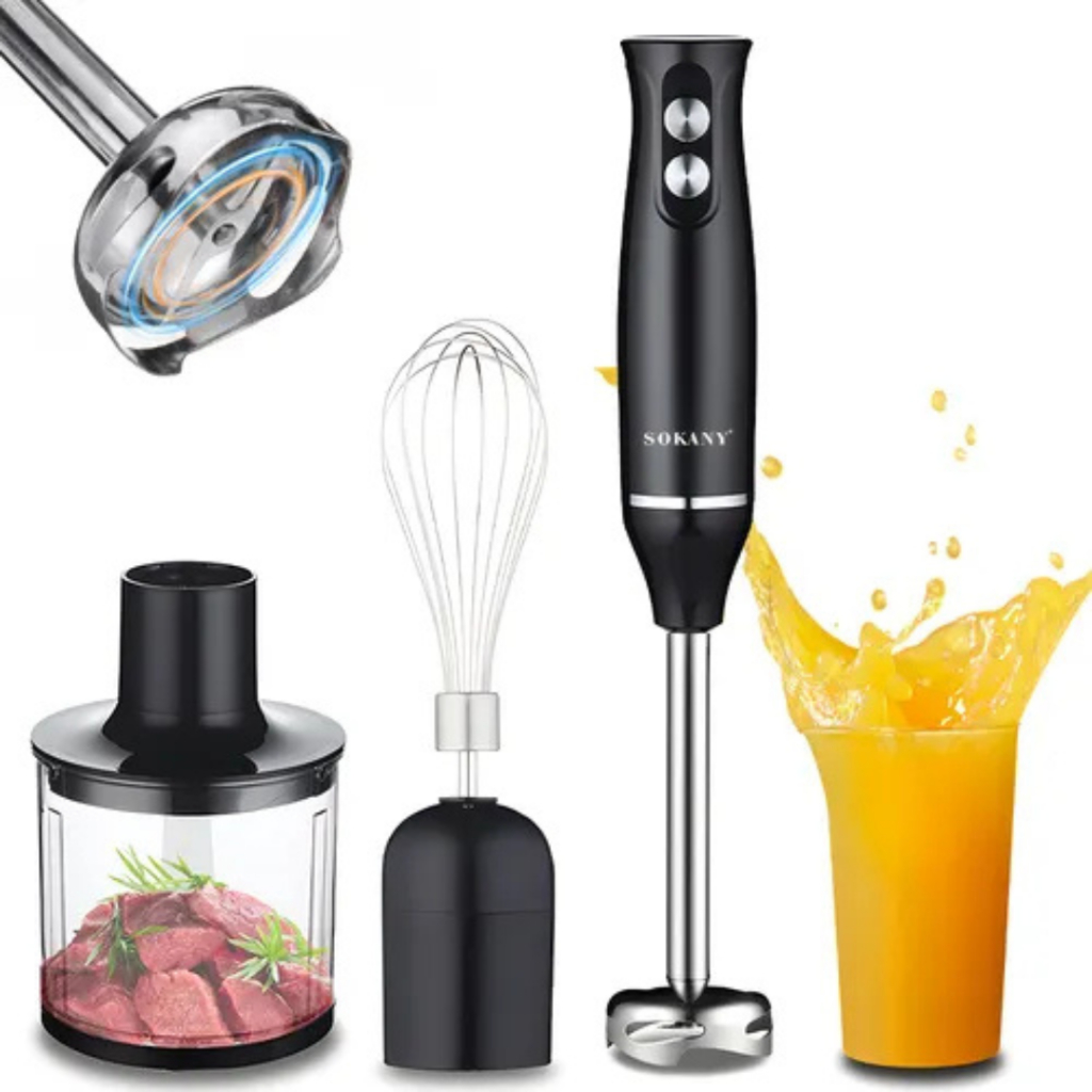 Mixer Portátil 4 em 1 Sokany com Copo, Fouet e Processador de Alimentos