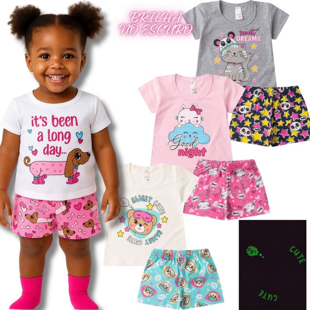 Kit 3 Pijama Infantil  Menina 1 a 14 anos Conjuntos Roupa Menina Verão Confortável Barato