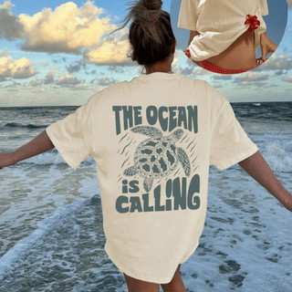Tshirt Blusão de Praia Feminina Estampada Tartaruga Oceano 100% Algodão Casual Tendência Moda Verão