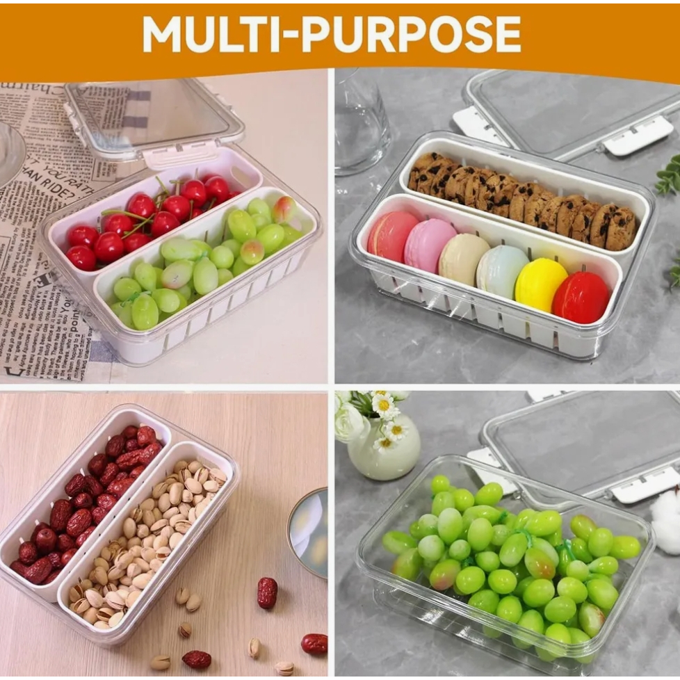 Organizador De Geladeira Kit Potes Hermeticos Escorredor Multiuso Cozinha Alimentos Carnes Legumes com 2 Divisórias