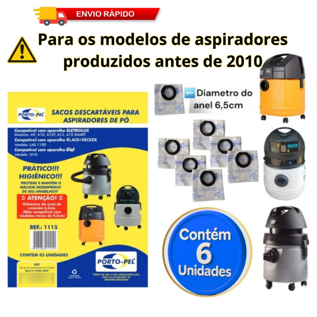 6 Sacos Aspirador Electrolux A10 - A9 - A13 - A10S Smart Modelo Antigo - St10 LAS1100 Oferta Kit