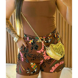Shorts Feminino Alfaiataria Estampado Floral Com Cinto Moda Verão Praia