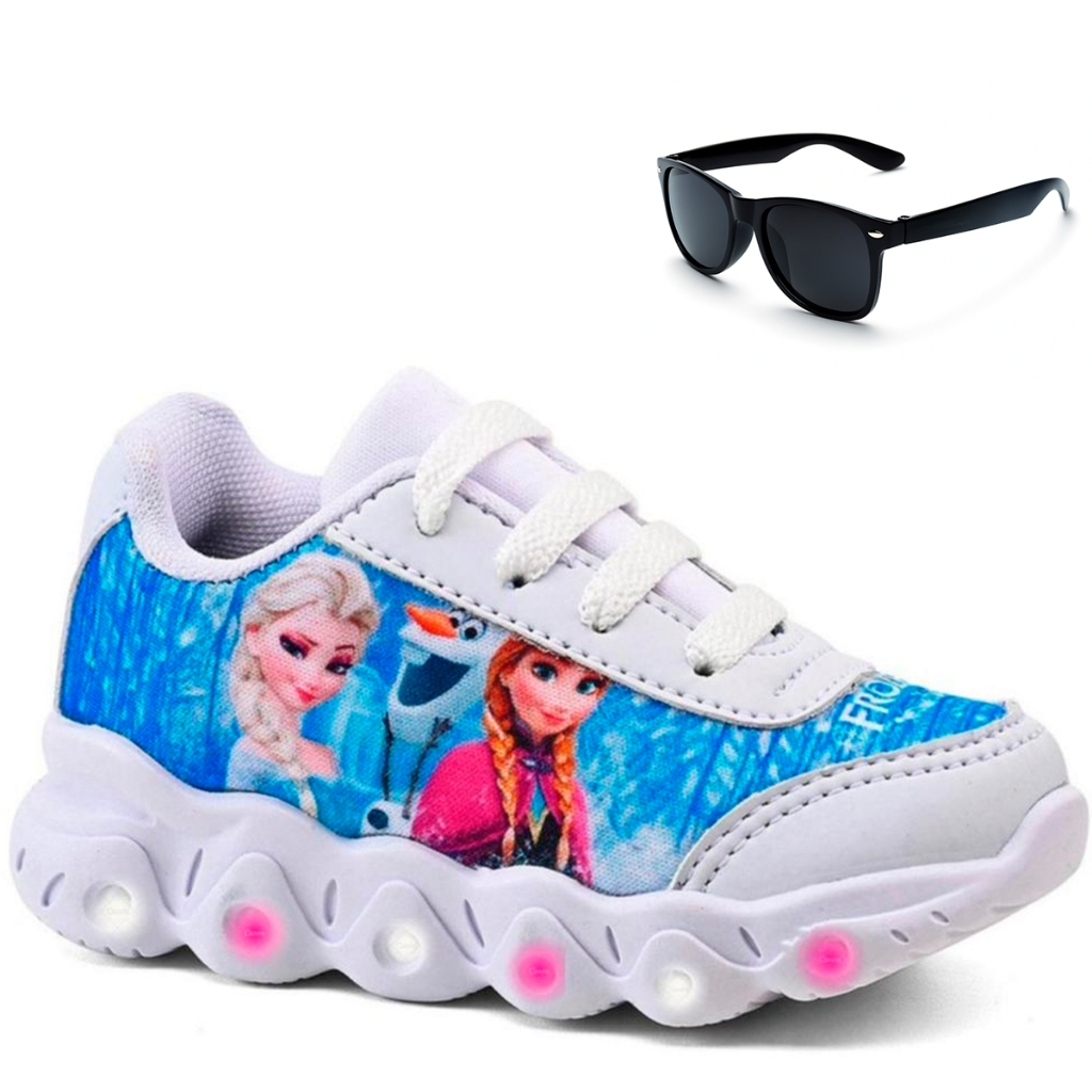 Kit Tênis Infantil Menina Frozen Com Led + Óculos Infantil