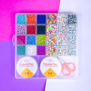 Kit Miçangas de vidro colorido infantil entremeios para pulseira colar + Silicone + Tesoura em Oferta na Shopee