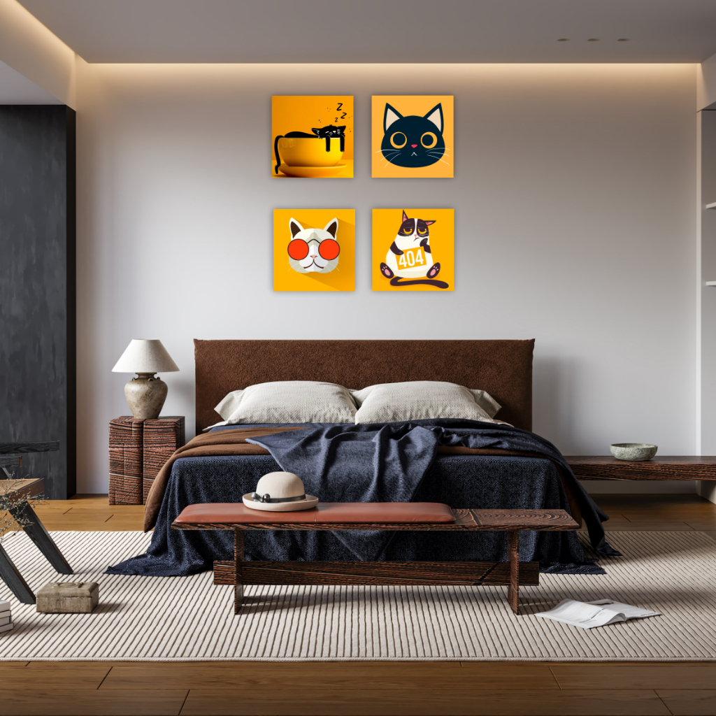 Quadro Decorativo Gato Gatinho Infantil Para Quarto Sala Pet Shop Parede Decoração 4 Peças