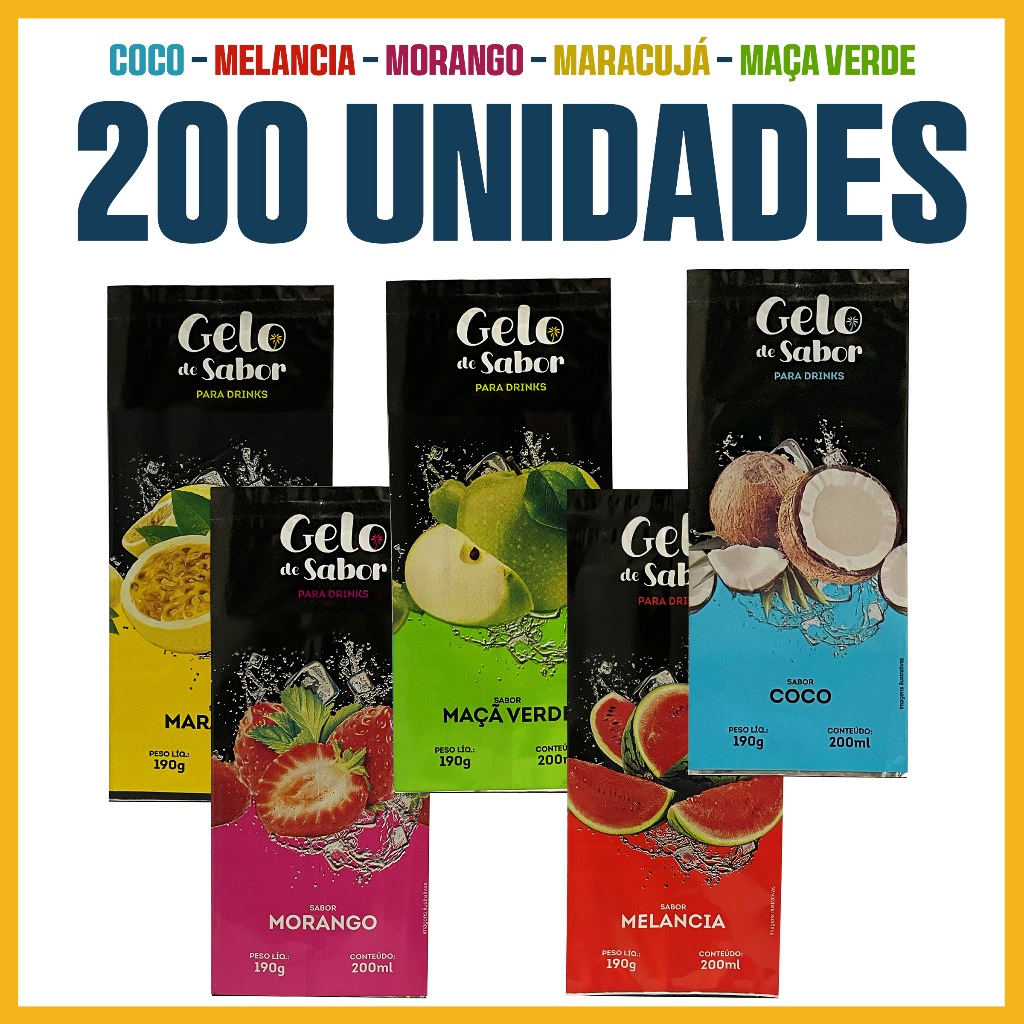 Embalagem com 200 Unidades Pacote Saquinho 200ml/190g Para Embalar Gelo Sabor Saco Gelo Saborizado