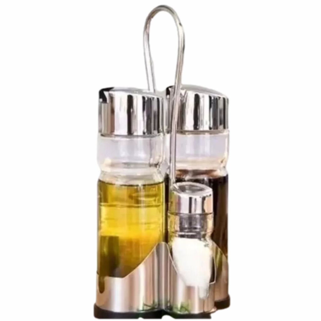 Porta Condimentos Temperos Galheteiro de Vidro e Inox com Suporte 4 Peças Sal Palito Pimenta Azeite