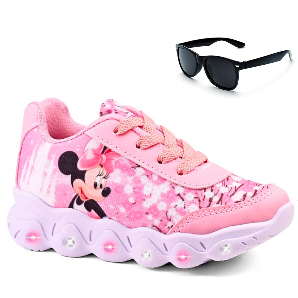 Kit Tênis Infantil Menina Minnie Com Led + Óculos Infantil