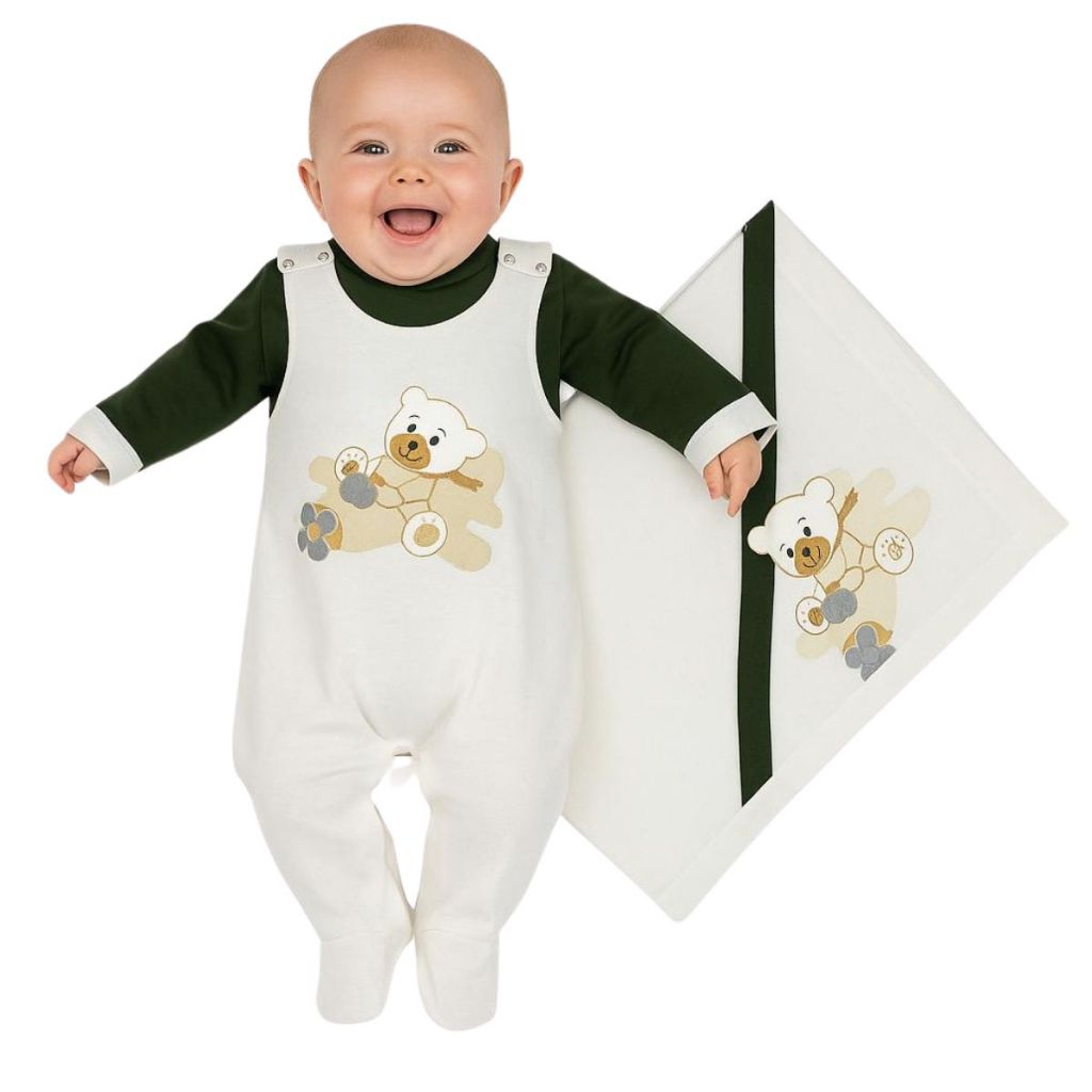 Kit Saída de Maternidade Enxoval Para Bebê Menino Conjunto de Roupa Jardineira Algodão Urso