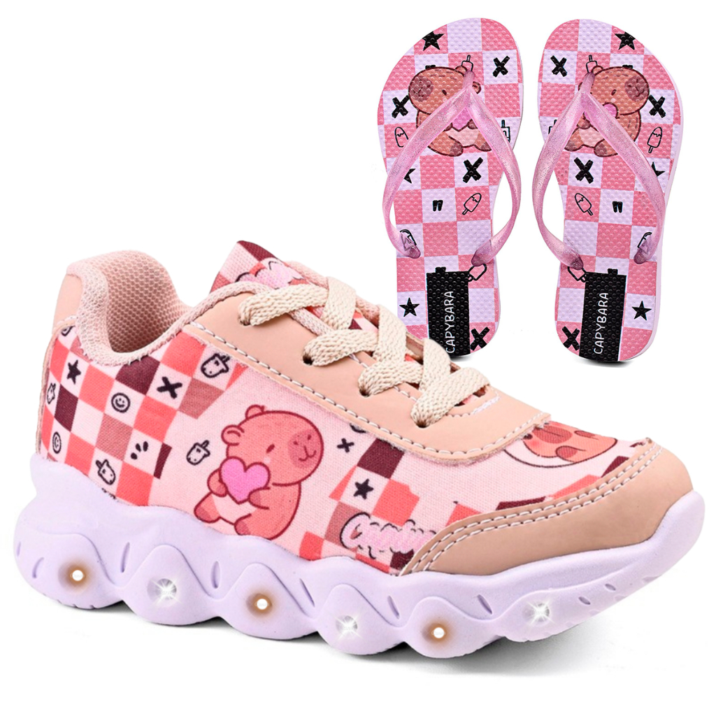 Kit Tênis Infantil Menina Capivara Com Led + Chinelo Infantil em Oferta na Shopee
