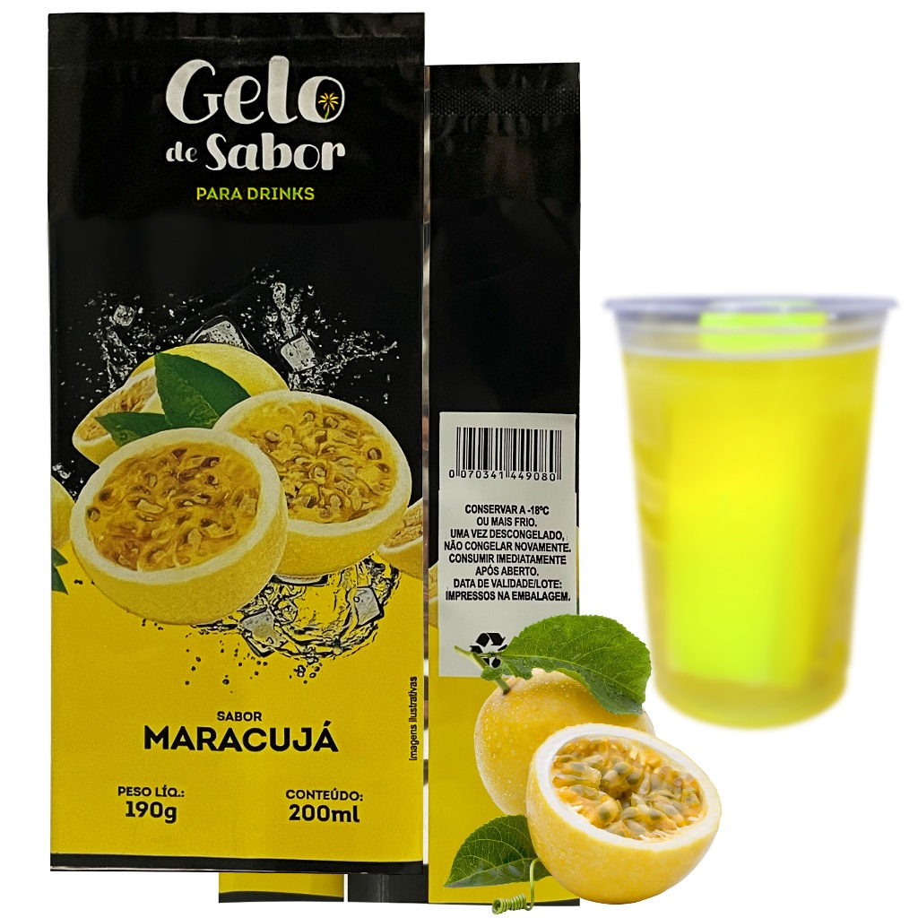 Saco P/ Embalar Gelo Saborizado Embalagens Sabor Maracujá 9x21 cm 190g/200ml Metalizada BOPP