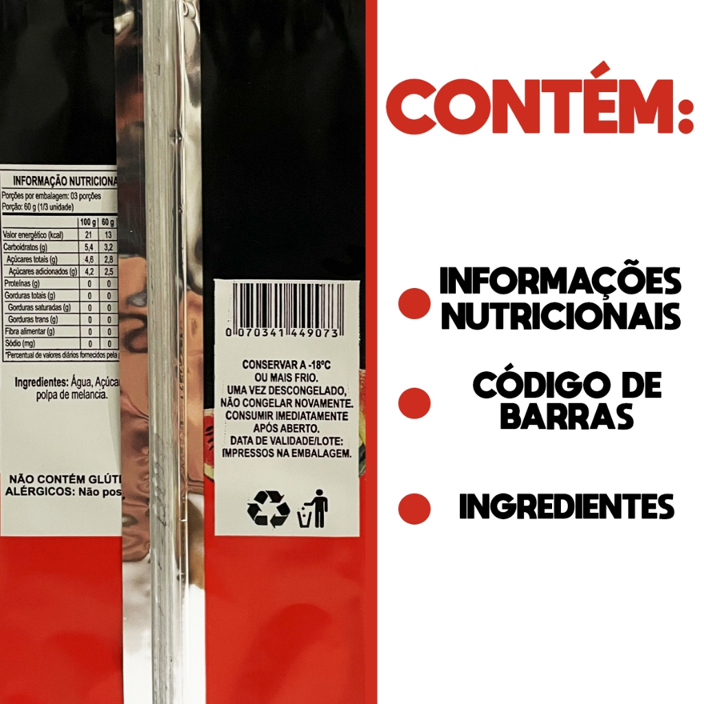 Saco P/ Embalar Gelo Saborizado Embalagens Sabor Melancia 9x21 cm 190g/200ml Metalizada BOPP — imagem 2 de 2