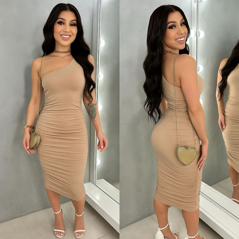 Vestido Midi Mula Manca Tubinho Franzido Drapeado Justo Suplex Colado Elegante Festa