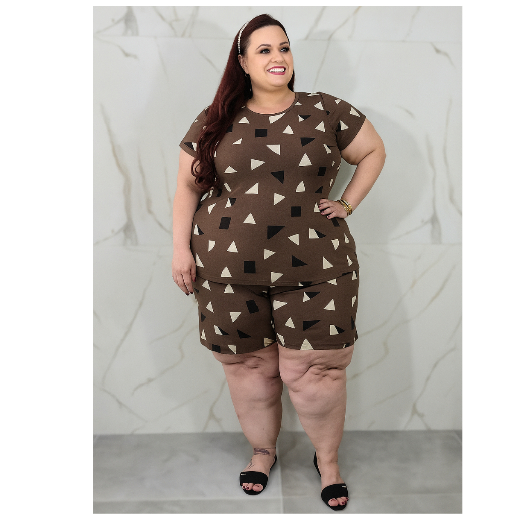 Conjunto Regata/Manga e Bermudinha Plus Size Feminino Malha Verão G4 G5 G6