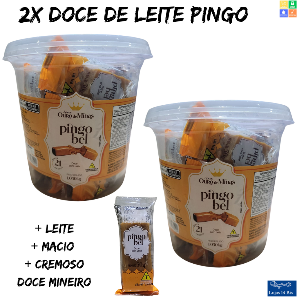 2 Potes Doce de Leite Pingo Bel de Leite Ouro de Minas 1.050 Kg c/21 Unidades de 50g