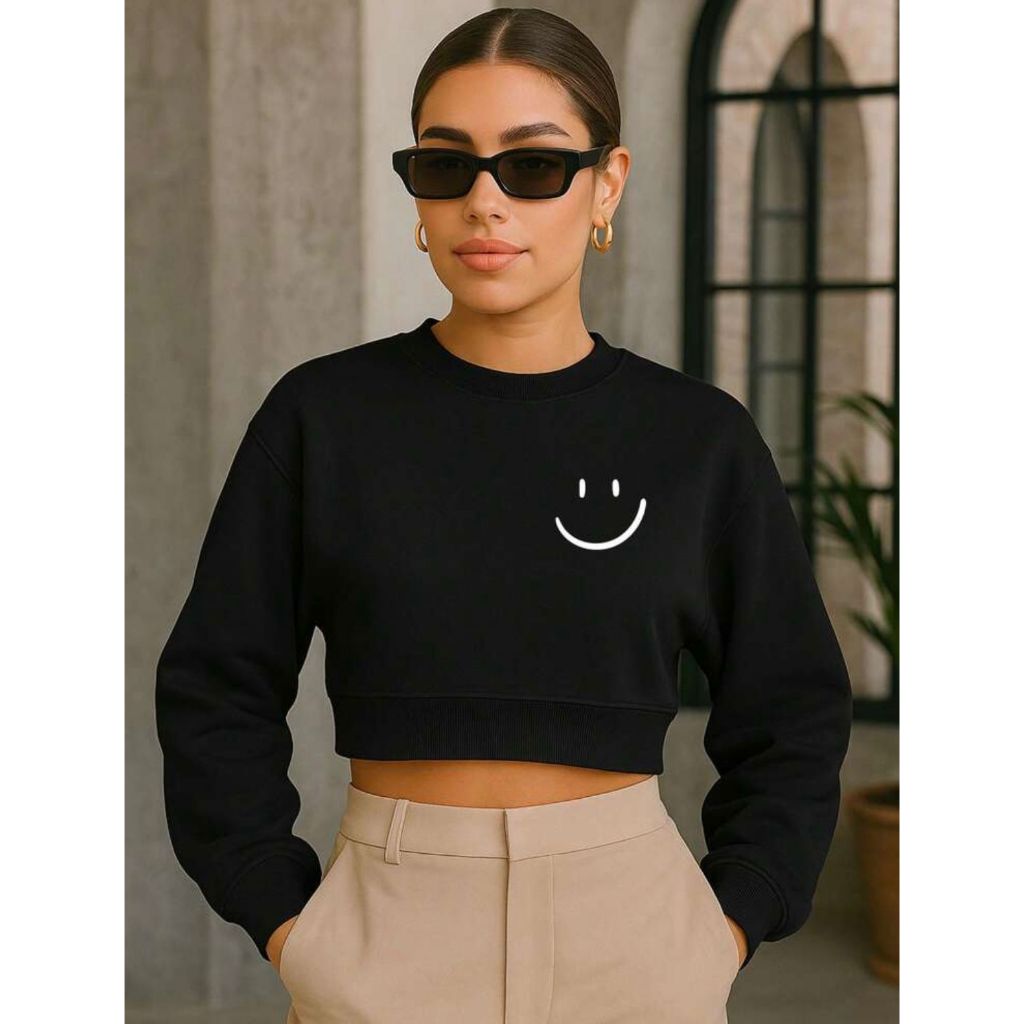 Cropped Moletom Feminino Rosto Feliz Simples Minimalista Swag Streetwear Fofo Tumblr Estiloso