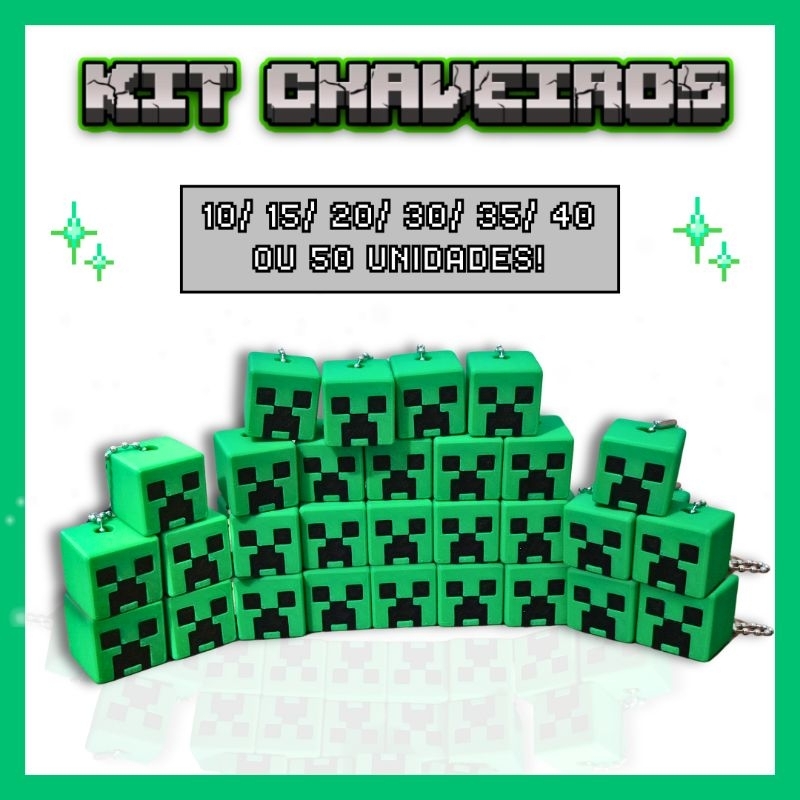 Kit de Chaveiros Temáticos Creeper Minecraft Brindes Lembrancinhas Festa de Aniversário Gamer