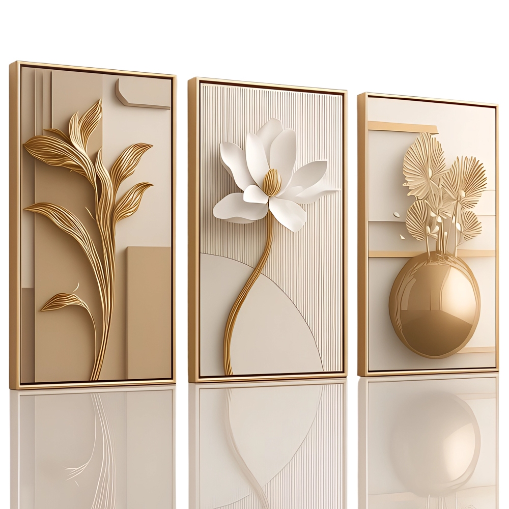 Quadro decorativo vasos flores mármore branco quarto 3 peças sala quarto cozinha e escritório decoração