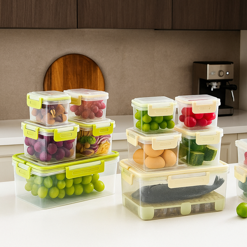 Conjunto 5 Potes Organizadores Plástico com Tampa Hermética e Cesto Interno para Geladeira e Cozinha