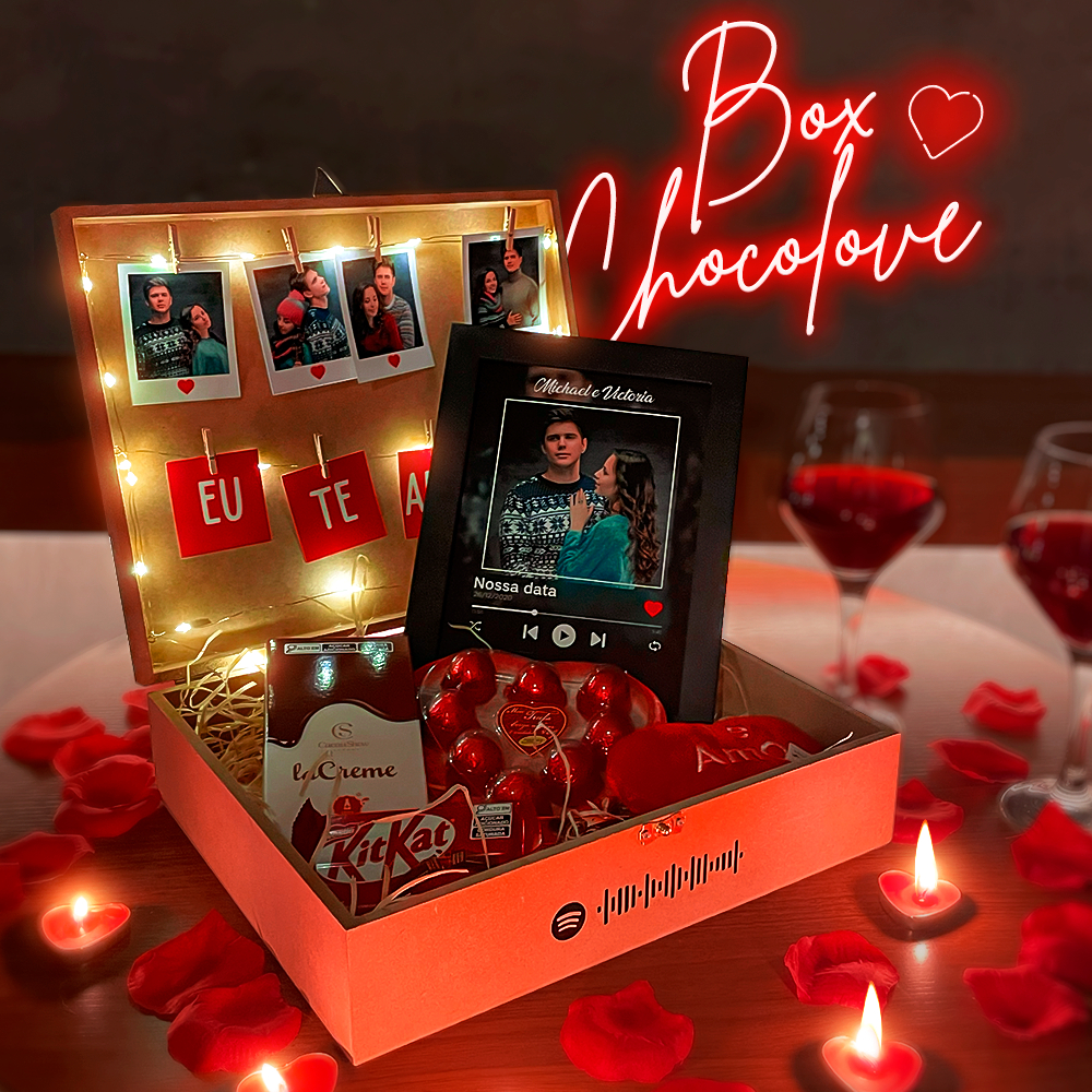 Cesta de presente na caixa led personalizada para namorados e casais com quadro spotify envio rapido