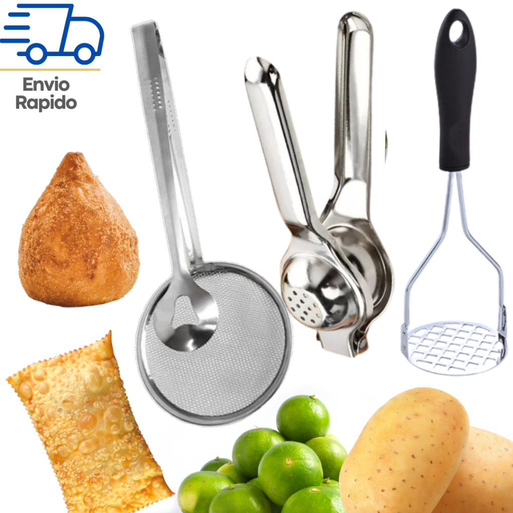 Pinça de Fritura, Espremedor de Limão mais Amassador de Batata Itens para sua Cozinha