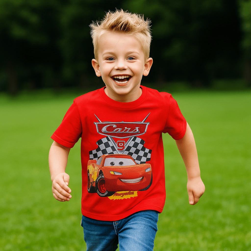 Camiseta infantil Macqueen Carros Fantasia Estampas Diversas Poliéster Tal Pai Tal Filho