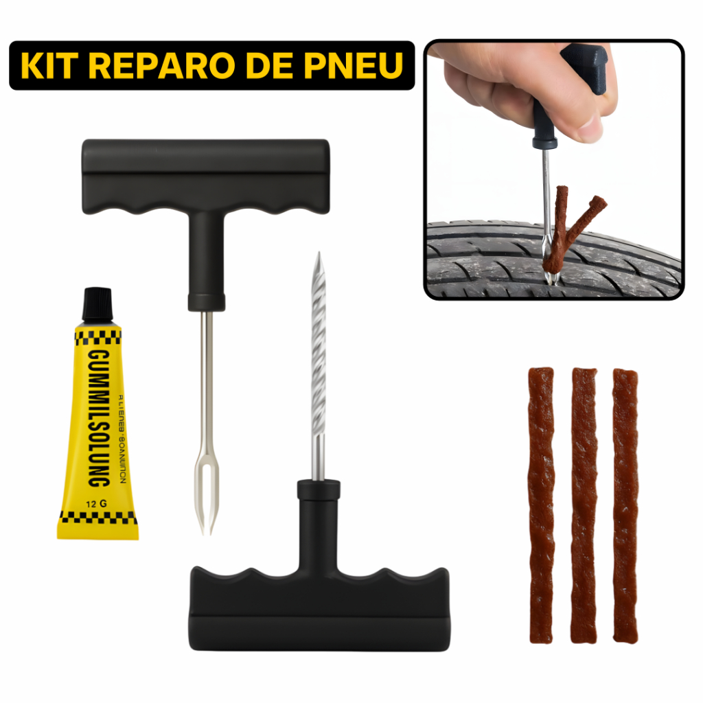 Kit Rápido Reparo Pneu Carro Moto Macarrão Selante Remendo Refil - 6 em 1