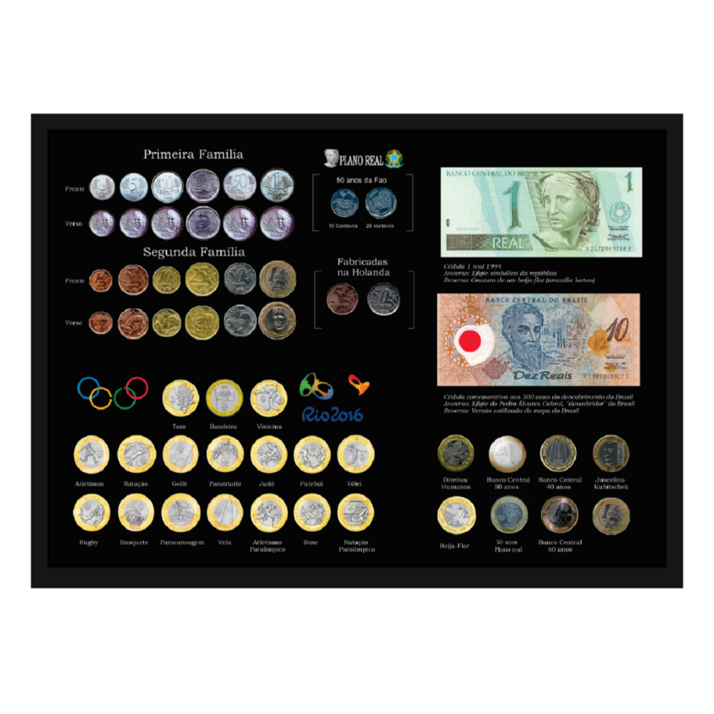 Quadro Magnético Coleção Moedas Comemorativas Plano Real Cédula 10 reais polímero Olimpiadas 60 anos banco central
