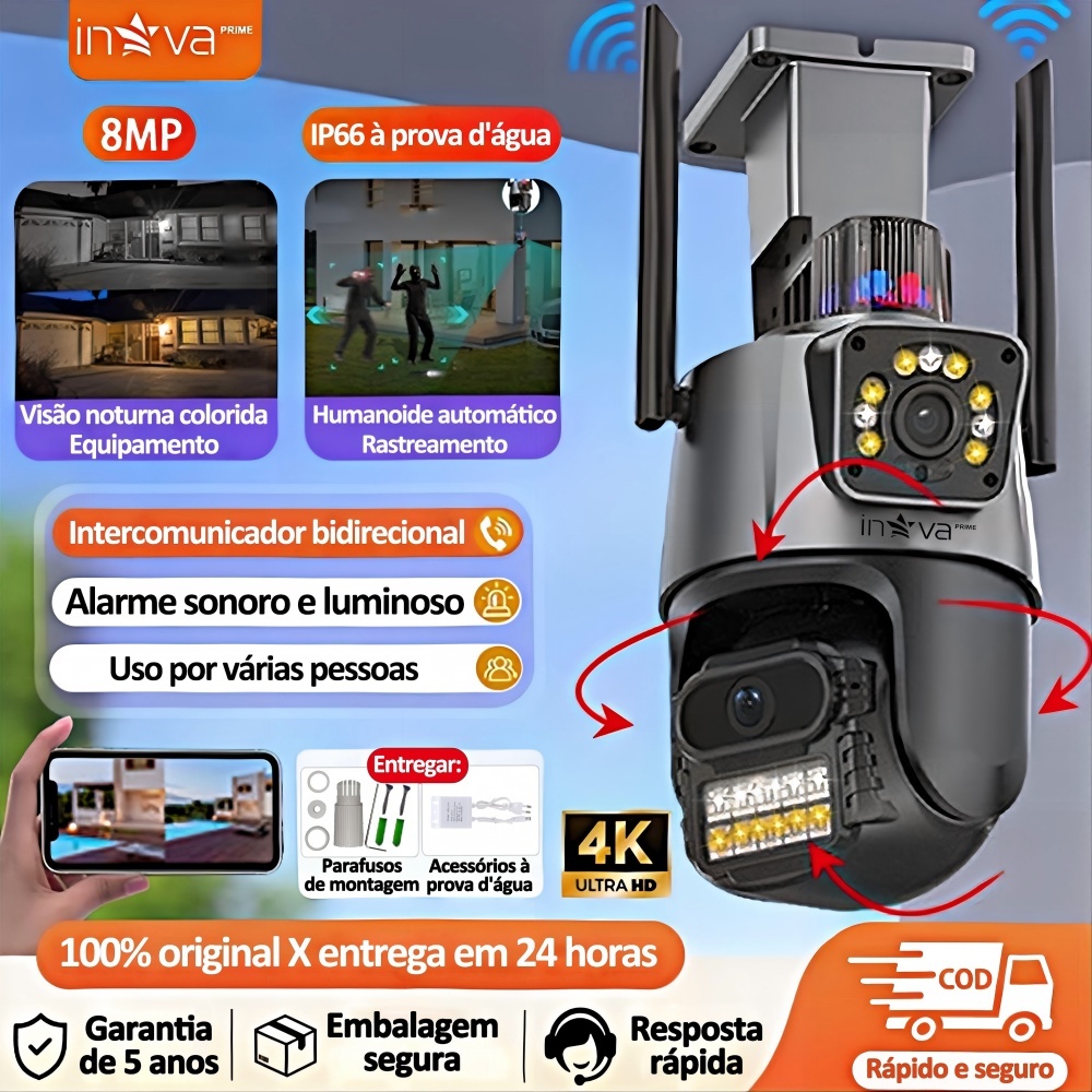 INOVA 2026 Camera Segurança Externa Lente Dupla 4K 8MP Com Sirene Policia ICSEE