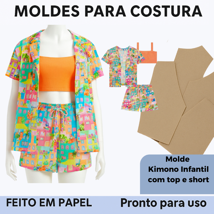 Molde conjunto de kimono + top+ short stilo praia INFANTIL MENINA 4526 em Oferta na Shopee