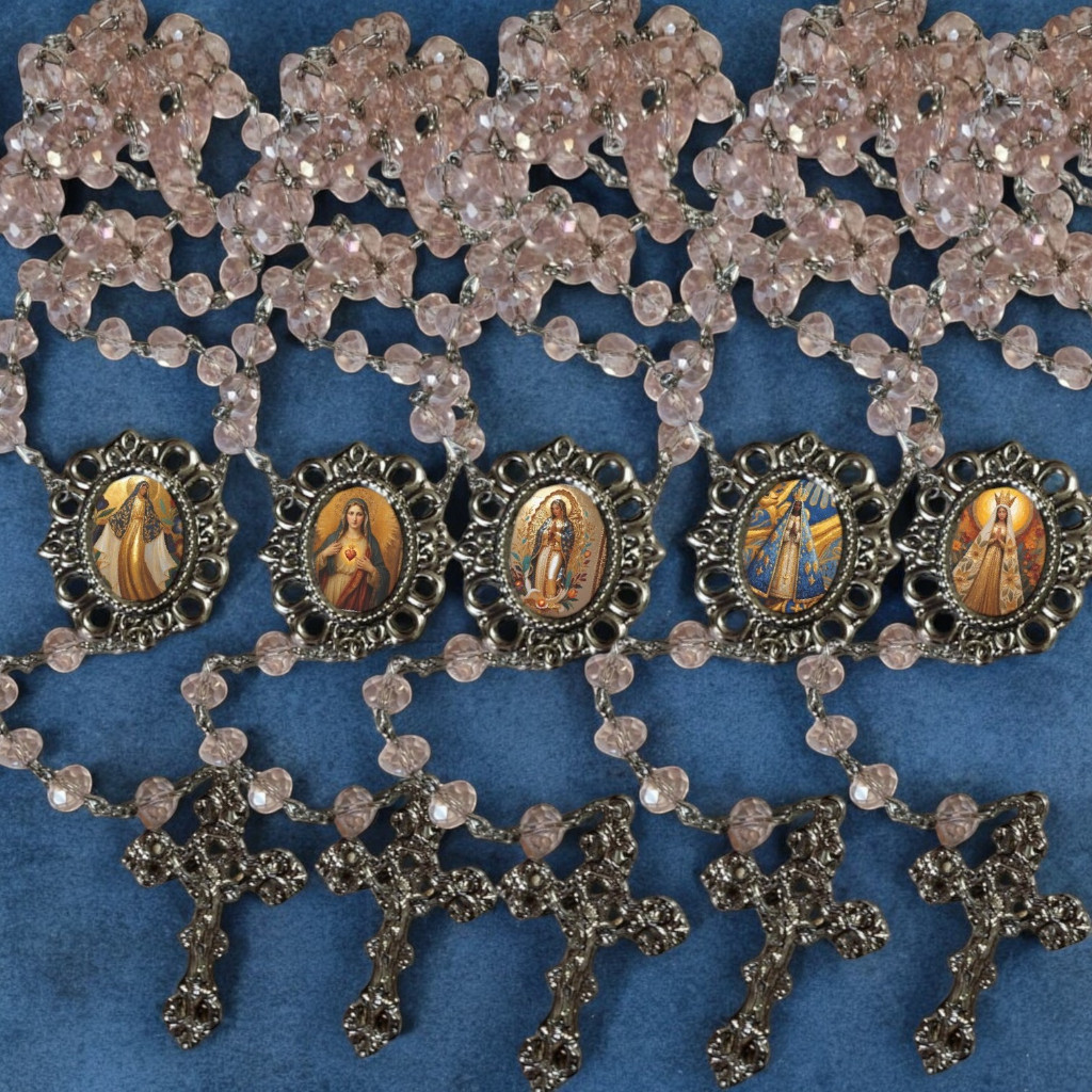 Terço LUXO rose Cristal Nossa senhora Guadalupe Fatima Graças Esperança Dores Lourdes Auxiliadora Aparecida gravida