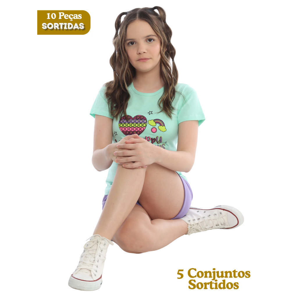 Conjunto Feminino Verão Kit Sortido 10 Peças Roupas Infantil Menina 5 Conjuntos Verão igual 5 Blusas e 5 Shorts