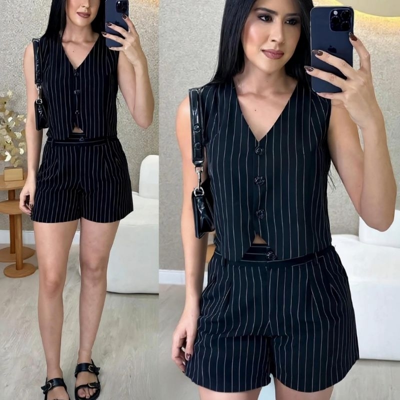 Conjunto Alfaiataria Feminino 2 Peças Social Colete Mais Short Com Cinto em Oferta na Shopee