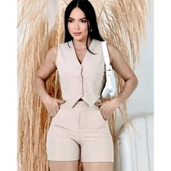 Conjunto Feminino Social Kit 2 Peças De Alfaiataria Colete E Short Com Cinto Para Passeio e Festas