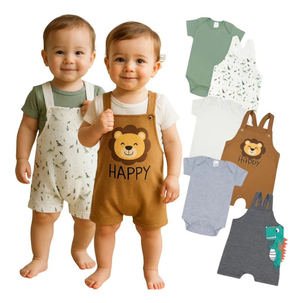 Kit 6 Peças Roupas Para Bebê Conjunto Jardineiras Verão Manga Curta Infantil Menino Infantil