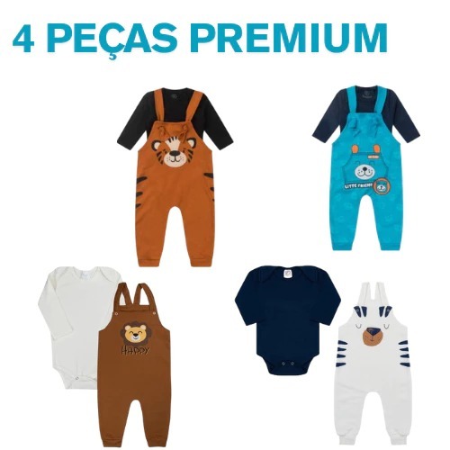 Kit Conjunto Jardineira 4 Peças Bebê Manga Longa Menino Sortidas - Inverno- 2Body/2Jardineira