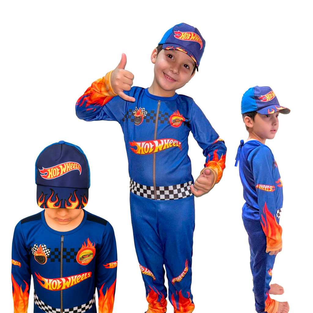 Fantasia Piloto Hot Wheels Formula 1 Longo Infantil Com Boné em Oferta na Shopee