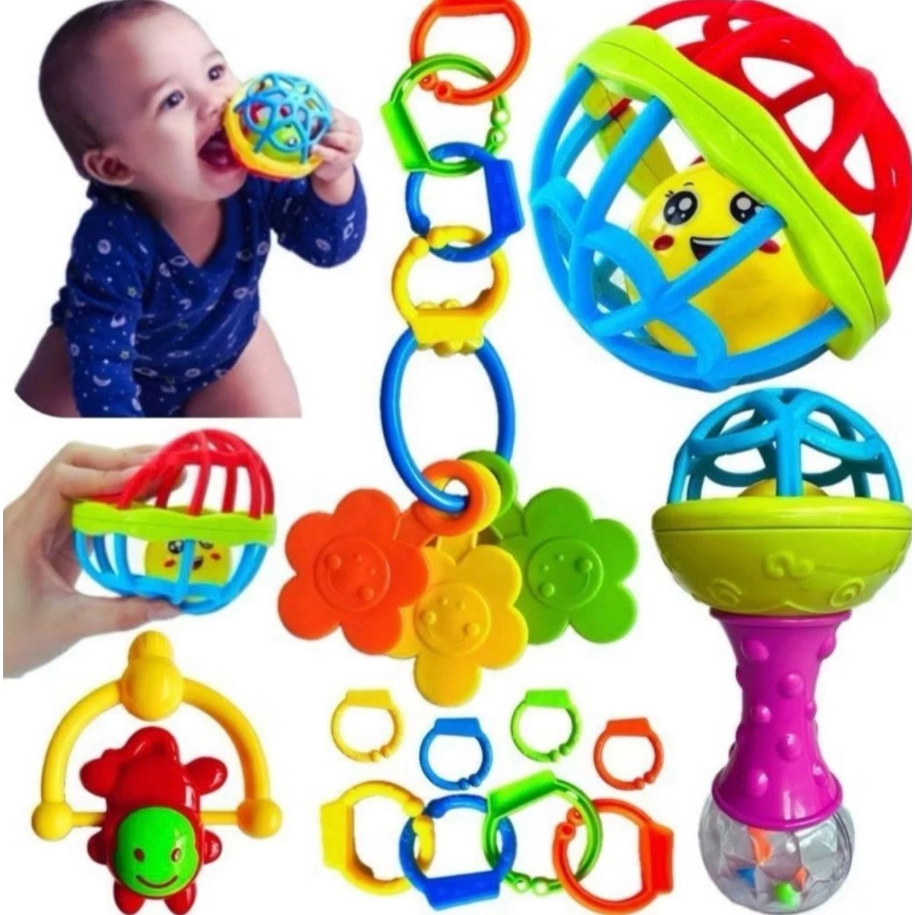 Kit 8 peças Mordedor para Bebe Sensorial Macio com Chocalho - Kit 4 mordedores ou Bolinha Mordedor Silicone Baby Ball