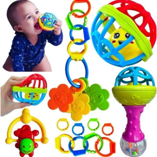 Kit 8 peças Mordedor para Bebe Sensorial Macio com Chocalho - Kit 4 mordedores ou Bolinha Mordedor Silicone Baby Ball em Oferta na Shopee