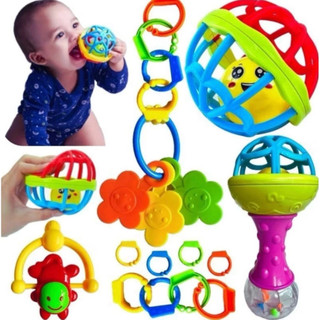 Kit 8 peças Mordedor para Bebe Sensorial Macio com Chocalho Bolinha Mordedor Silicone Baby Ball