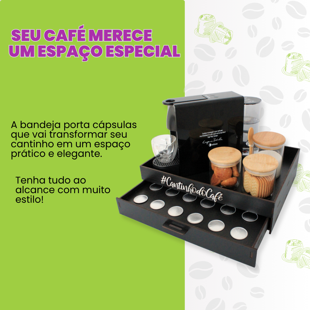 Bandeja cantinho do café com gaveta porta cápsulas nespresso decorativo mdf organizador cafeteira