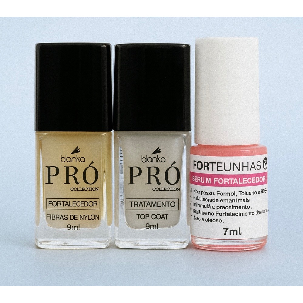 Kit Super Blindagem de Unhas Blanka : Fibras de Nylon  + Nivelador Fosco + Sérum 17free Fortalecedor