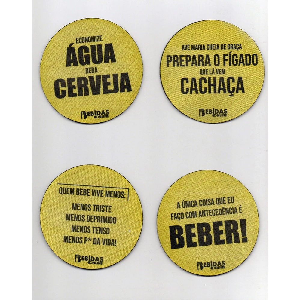 Porta Copo de Chopp e Cerveja Kit 4 Unidades Modelo Bolacha Amarela com Frases Divertidas