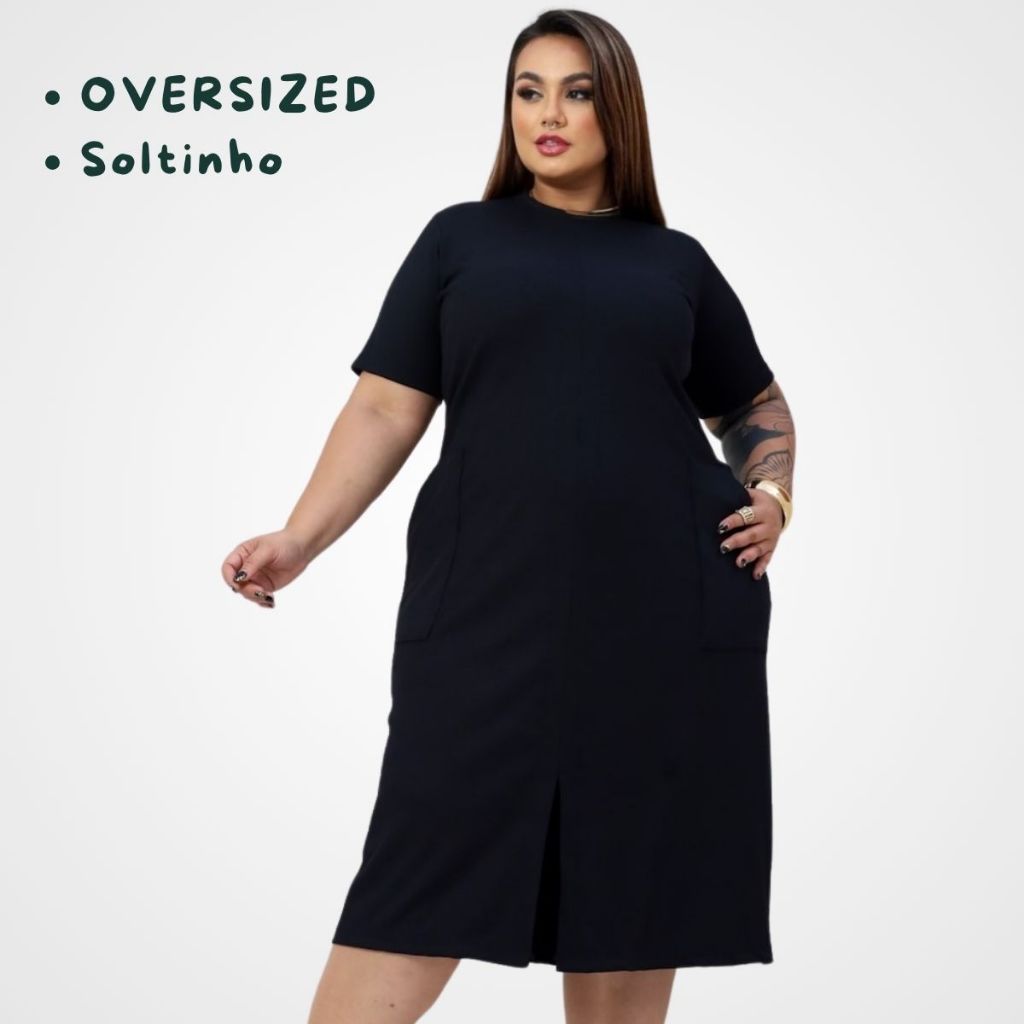 Vestido Midi Plus Size Preto com Bolsos e Fenda Frontal – Moda Feminina Elegante e Confortável