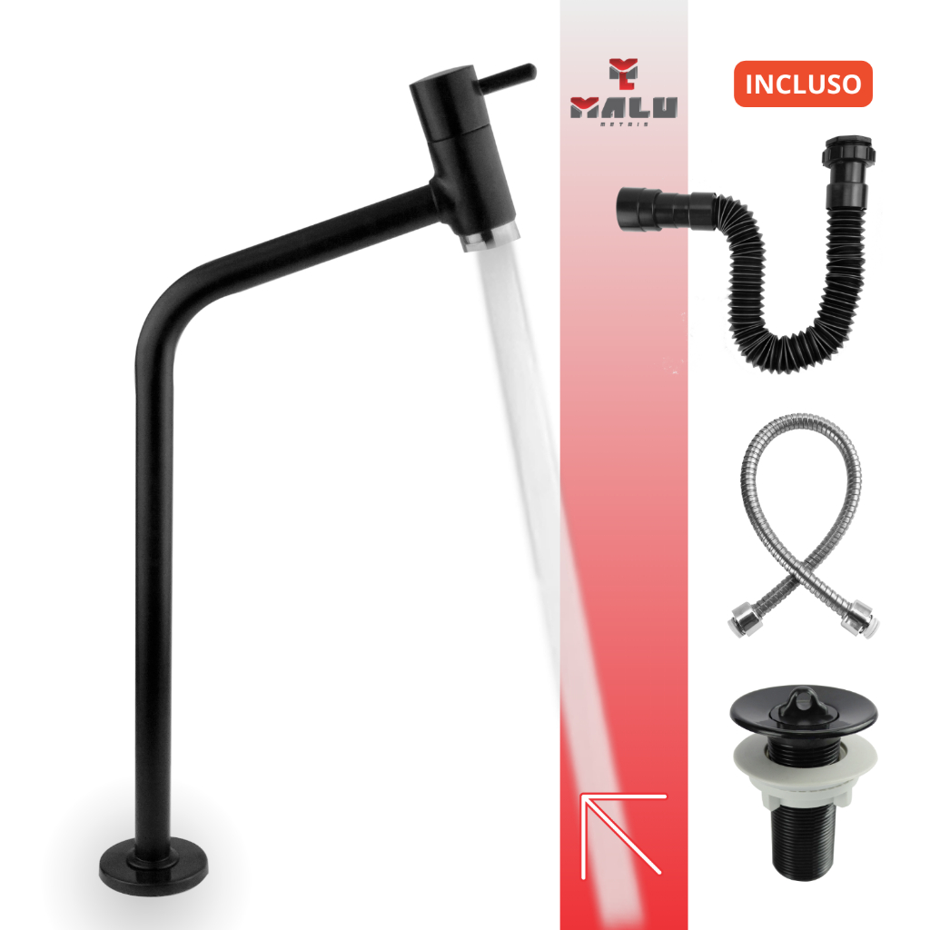 Kit Torneira Banheiro Cuba Link Alta 3060 Preta + Engate 50 cm + Valvula 7/8 + Sifão PRETO 2120 em Oferta na Shopee